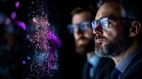 Mature businessman with gray beard wearing glasses analyzing digital data visualization with glowing purple particles in dark office environment.