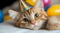 Ginger cat wearing party hat lying among colorful balloons, close up portrait showing bright blue eyes and soft fur. For celebration and pet party concepts.