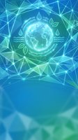Glowing earth globe with water drops and leaves on blue geometric polygon background for eco technology banner.