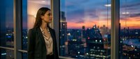 Confident young woman with long dark hair and olive complexion, wearing professional black blazer and white blouse, gazing out floor-to-ceiling windows at sunset cityscape. Corporate office setting.