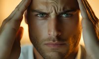 Close-up portrait of intense blue-eyed male model with stubble beard in dramatic golden sunset lighting, hands framing face, expressing deep contemplation.
