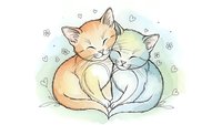 Two adorable kittens cuddling together in sweet embrace with hearts and flowers, orange and gray cats sleeping peacefully in loving pose for pet themes.