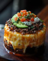 Gourmet beef burger topped with melted cheese, fresh avocado slices, sour cream, diced tomatoes and microgreens on dark wooden surface, restaurant style presentation.