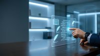 Businessman in dark suit interacting with glowing digital interface displaying book and feather icons, representing knowledge, learning, and technology innovation in modern workspace.