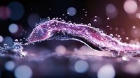 Dynamic splash of pink liquid creating an elegant wave shape with water droplets against dark background with bokeh lights and magical atmosphere.