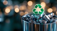Green recycling symbol floating above pile of aluminum beverage cans with soft bokeh lights in background, environmental conservation concept.