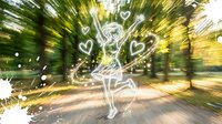 Joyful skeleton dancing with hearts in motion blur forest setting with magical light effects and sparkles creating whimsical Halloween atmosphere.