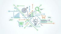 Digital marketing strategy concept with analytics charts, target, lightbulb, magnifying glass and shopping cart icons connected by network lines.
