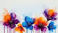 Vibrant watercolor flowers in purple, orange and blue hues with paint drips on light background for creative design projects and artistic decoration.