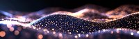 Glowing wave of sparkling particles flowing on dark background with bokeh lights and magical dust effect creates abstract luxury atmosphere.