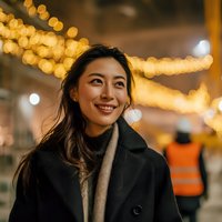 Young Asian woman smiling warmly at night market with golden bokeh lights, wearing dark coat and scarf for holiday shopping and festive celebrations.