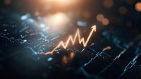 Glowing upward trend line on dark financial chart with bokeh light effect, representing market growth and successful investment strategy.