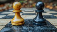 White and black wooden chess pawns facing each other on marble chessboard, close-up view showing wood grain texture and strategic positioning in soft lighting.