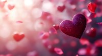 Glittering purple heart floating in dreamy pink bokeh background with small red hearts scattered around, romantic Valentine's Day atmosphere.