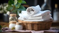 Folded white spa towels in wicker basket with natural cosmetic products, aromatic oils, and green plant creating relaxing bathroom atmosphere.