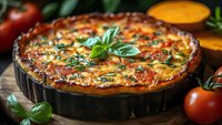 Homemade vegetable quiche with fresh tomatoes and basil in rustic tart pan, perfect for breakfast brunch or dinner meal preparation and cooking content.