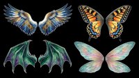 Colorful wings collection featuring bird wings, butterfly wings, bat wings, and fairy wings isolated on transparent background. Ready for t-shirt design, clipart, stickers, sublimation, and print-on-demand projects.