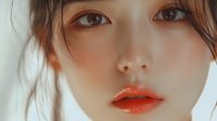 Close up portrait of young Asian woman with bright coral lipstick, natural makeup, and soft dreamy expression against light background. Professional beauty and cosmetics photography.