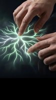 Human hands generating bright green electrical lightning energy between fingers on dark background for technology and power concepts.