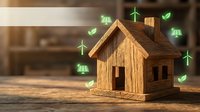Wooden house model with green eco-friendly icons representing sustainable energy solutions including solar panels and wind turbines for environmental design.