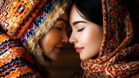 Two young women in traditional headscarves share intimate moment against vibrant ethnic textile background, expressing friendship, diversity and cultural harmony.