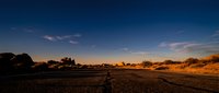 Arid landscape at dusk with sparse vegetation and dramatic sky, suitable for travel, nature, and environmental design projects.