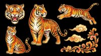 Roaring tiger head, standing tiger, jumping tiger cub, and ornamental cloud scrolls isolated on transparent background. Ready for t-shirt design, clipart, stickers, sublimation, and print-on-demand projects.