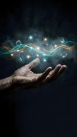 Male hand holding glowing digital network with flowing light waves and geometric shapes, representing technology, innovation, and data connectivity for business and science concepts.