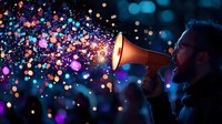 Silhouette of bearded man speaking into megaphone with magical colorful bokeh light particles bursting out against dark blue background, creating dreamy atmosphere.
