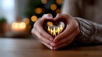 Female hands forming heart shape with paper family cutout inside against blurred warm lights background, representing love, unity and family care concept.