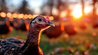 Wild turkey portrait at sunset with golden bokeh lights in background, close up view of head and neck feathers showing detailed plumage texture in warm autumn colors.