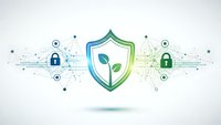Green shield with leaves symbolizing eco-friendly cybersecurity and environmental data protection on white background with digital network elements.