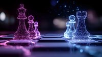 Glowing chess pieces in pink and blue neon light effects on reflective surface against dark background create dramatic gaming atmosphere for strategy concepts.