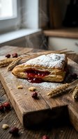 Freshly baked puff pastry filled with red berry jam on rustic wooden cutting board with wheat stalks and cranberries in cozy kitchen setting.