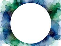 Watercolor frame with blue and green paint splashes surrounding white circle space for text or logo design elements.