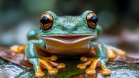 Macro shot of smiling green tree frog with orange eyes and feet sitting on wet leaf. Close up amphibian portrait shows detailed texture of moist skin and round pupils.