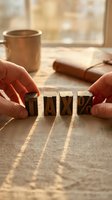 Hands arranging wooden tax blocks on linen fabric with coffee cup and ledger in background, representing financial planning and accounting concepts for business and tax preparation materials.