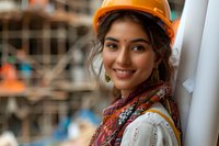 Young female construction engineer wearing orange hard hat and colorful scarf smiles confidently at construction site, representing women in STEM careers.