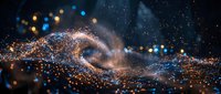 Swirling vortex of golden and blue particles creating an abstract energy wave effect with bokeh lights and glowing dust particles on dark background.