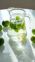 Fresh infused water with lime slices and mint leaves in a glass pitcher, surrounded by whole limes on a white surface in sunlight.