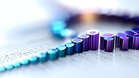 Ascending metallic cylinders in gradient colors from blue to purple on financial document background, creating modern business data visualization chart.