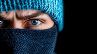 Close-up portrait of intense blue eyes and strong eyebrows of young Caucasian male wearing winter knit beanie and face covering scarf against dark background.