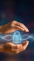 Hands protecting glowing secure padlock with digital waves, representing cybersecurity, data protection, and encryption technology for business and safety concepts.