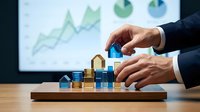 Businessman hands arranging miniature houses and coins on wooden board with financial growth chart background for real estate investment planning.
