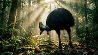 Cassowary bird foraging in tropical rainforest with dramatic sunlight rays filtering through dense jungle canopy creating atmospheric wildlife scene.