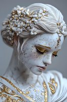 White porcelain female figure with gold accents and floral hair ornaments, showing delicate craftsmanship in baroque style with closed eyes and serene expression.