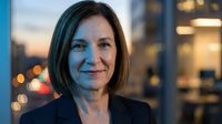 Middle-aged woman with dark shoulder-length hair wearing black blazer, smiling at camera with urban evening cityscape and warm bokeh lights in blurred background, professional portrait for business and corporate use.
