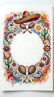 Colorful Mexican folk art border frame with sombrero, maracas, cactus and floral ornaments on white background for fiesta celebration designs.