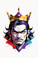 Fierce king character with golden crown, intense yellow eyes, and dramatic facial features against white background. Stylized fantasy portrait with vibrant purple and red accents.