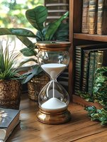 Vintage hourglass with white sand on wooden shelf surrounded by green plants and old books in cozy home library setting for time management concepts.